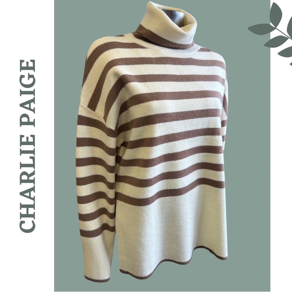 Charlie Paige Mikyla Stripe Cowl / Turtle Neck Pullover Cream Brown Size Small - Picture 4 of 8